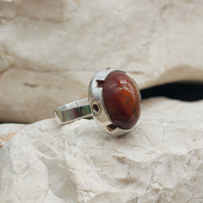 Vintage Red Moss Agate Dome Silver Ring, Finland 1969-1972
