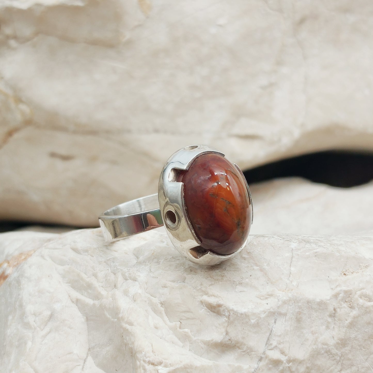 Vintage Red Moss Agate Dome Silver Ring, Finland 1969-1972