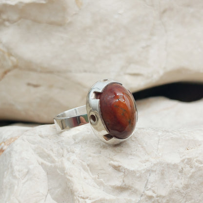 Vintage Red Moss Agate Dome Silver Ring, Finland 1969-1972