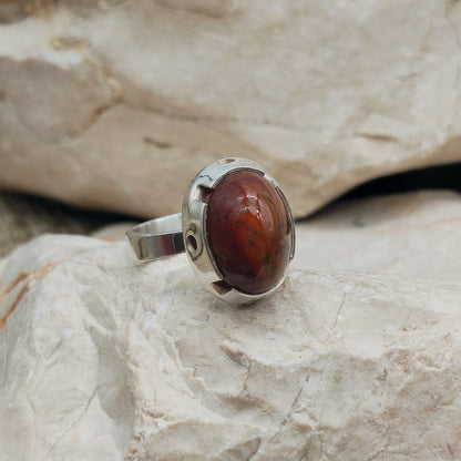 Vintage Red Moss Agate Dome Silver Ring, Finland 1969-1972