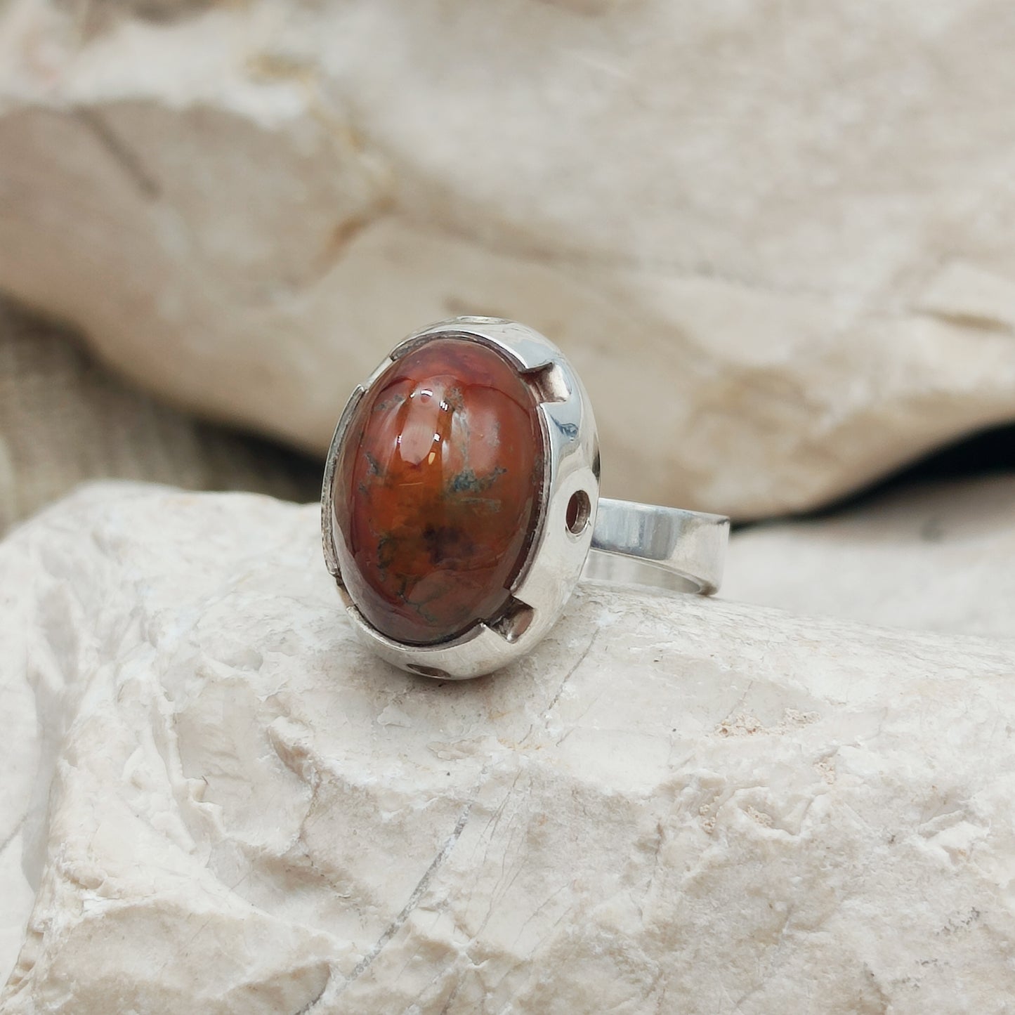 Vintage Red Moss Agate Dome Silver Ring, Finland 1969-1972