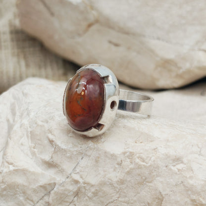 Vintage Red Moss Agate Dome Silver Ring, Finland 1969-1972