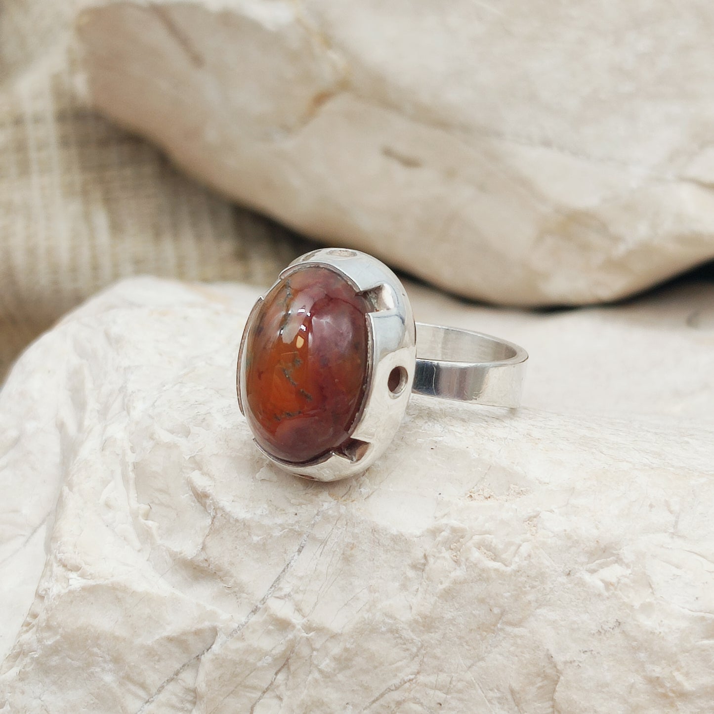 Vintage Red Moss Agate Dome Silver Ring, Finland 1969-1972