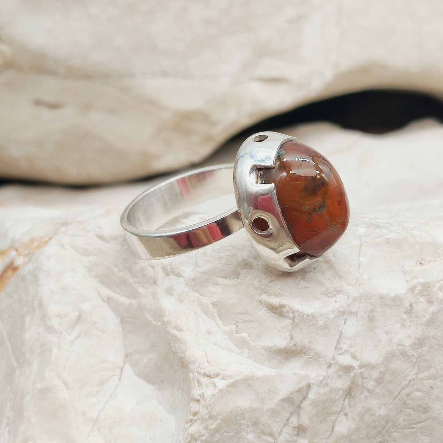 Vintage Red Moss Agate Dome Silver Ring, Finland 1969-1972