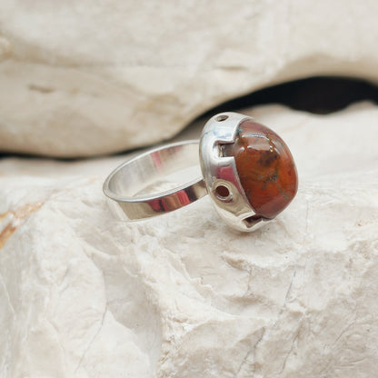 Vintage Red Moss Agate Dome Silver Ring, Finland 1969-1972