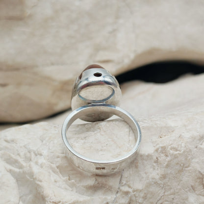 Vintage Red Moss Agate Dome Silver Ring, Finland 1969-1972
