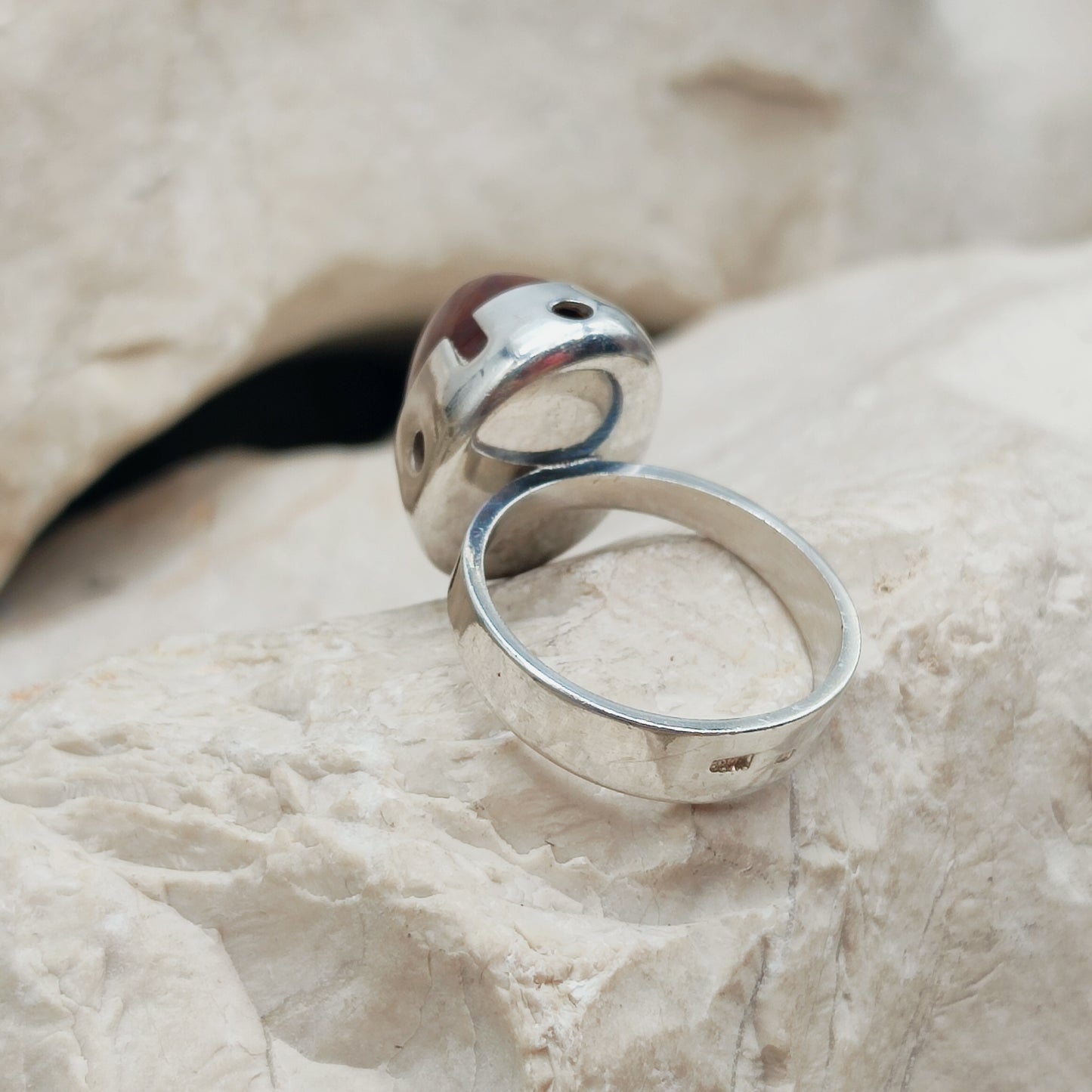 Vintage Red Moss Agate Dome Silver Ring, Finland 1969-1972