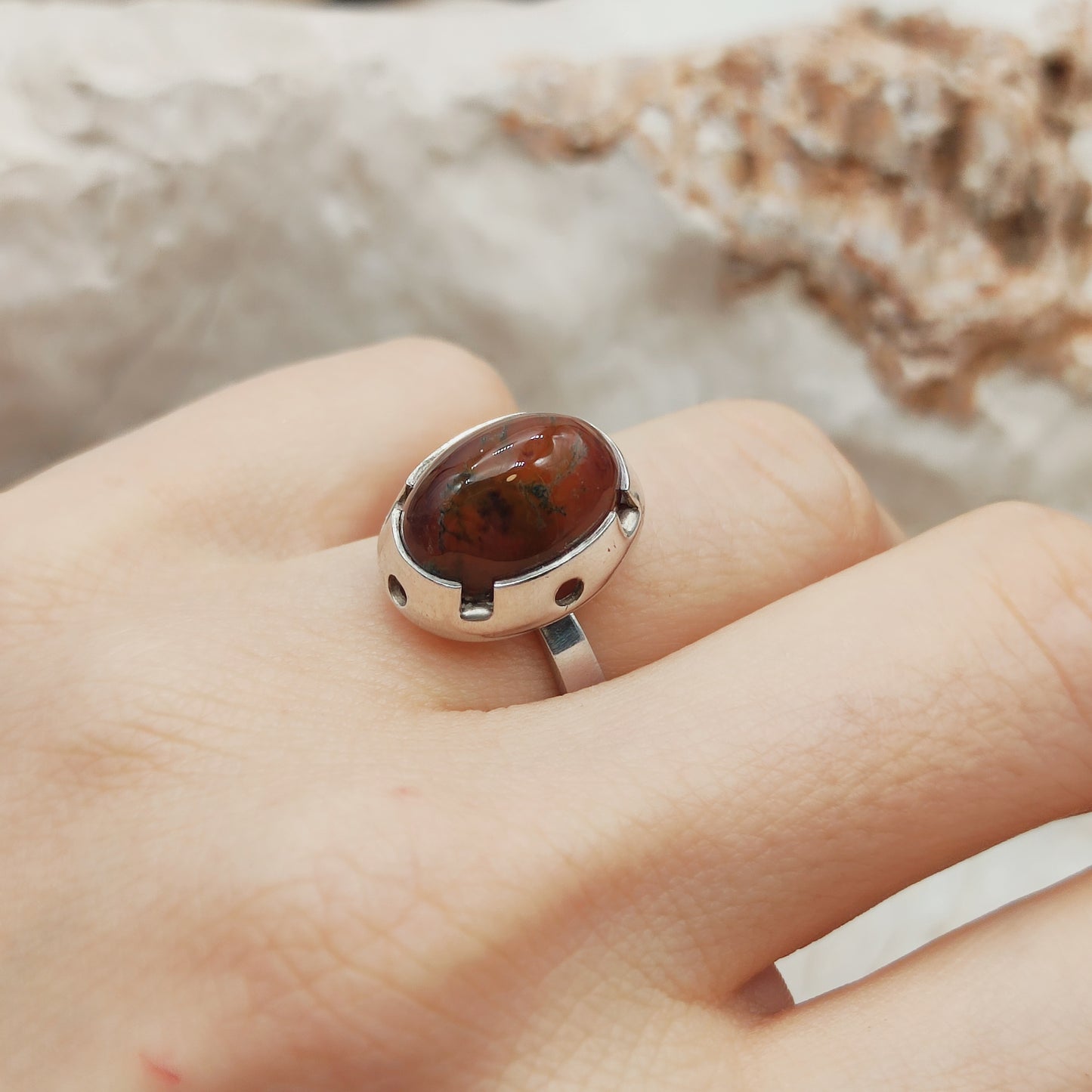 Vintage Red Moss Agate Dome Silver Ring, Finland 1969-1972