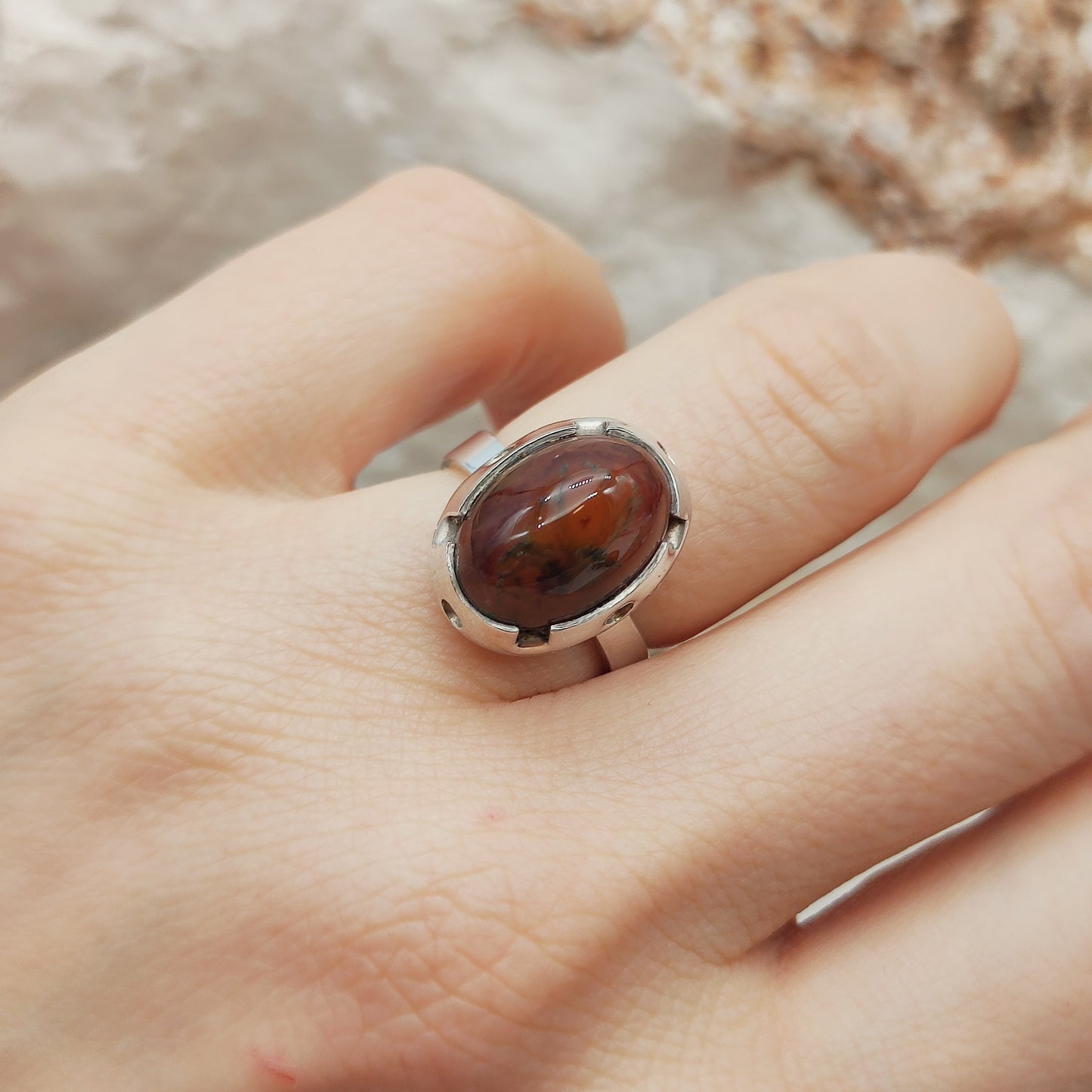 Vintage Red Moss Agate Dome Silver Ring, Finland 1969-1972