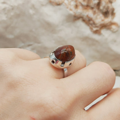 Vintage Red Moss Agate Dome Silver Ring, Finland 1969-1972