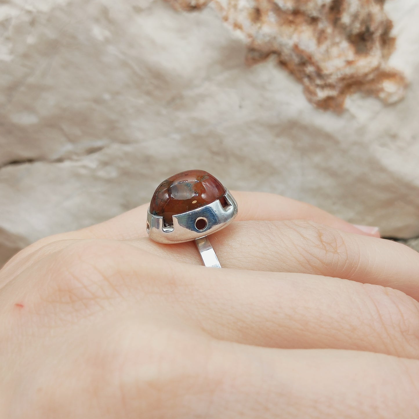 Vintage Red Moss Agate Dome Silver Ring, Finland 1969-1972