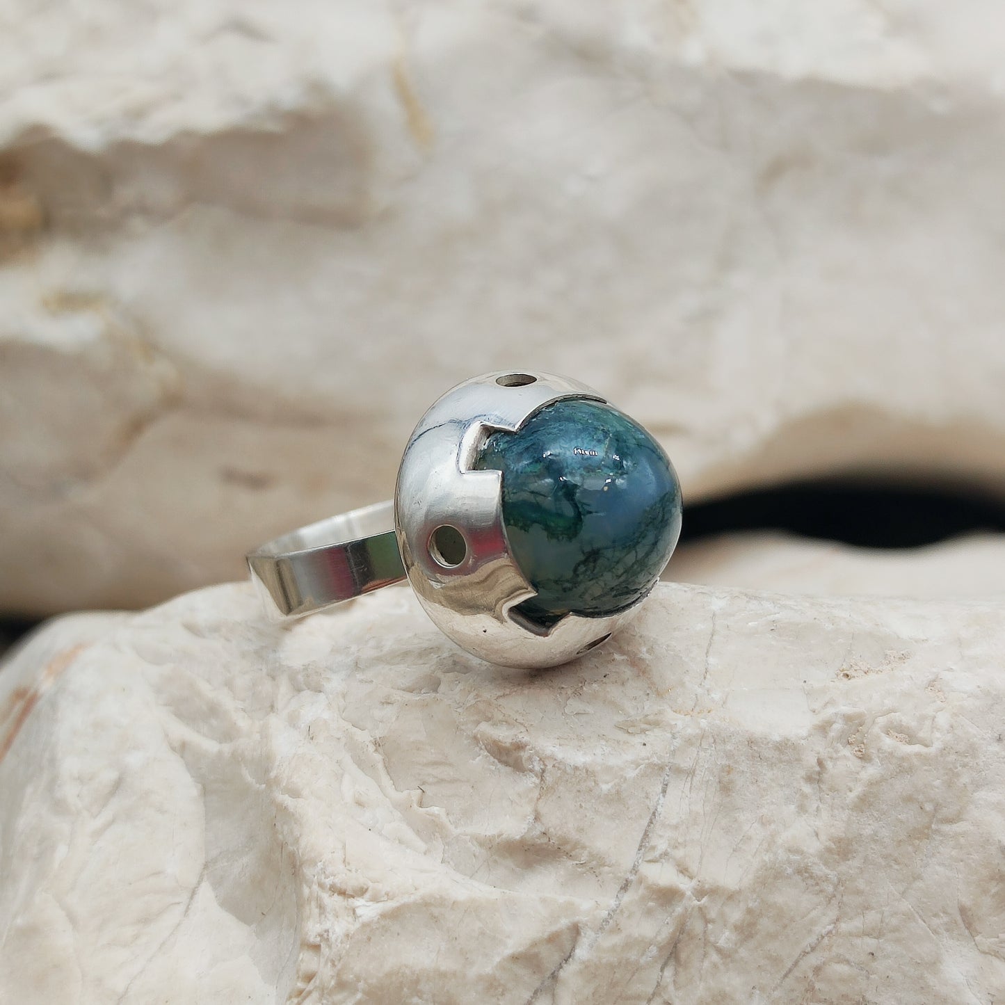 Vintage Green Moss Agate Dome Silver Ring, Finland 1969-1972