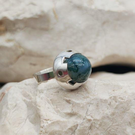 Vintage Green Moss Agate Dome Silver Ring, Finland 1969-1972