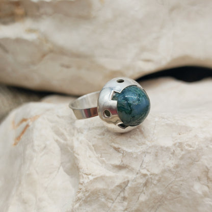 Vintage Green Moss Agate Dome Silver Ring, Finland 1969-1972
