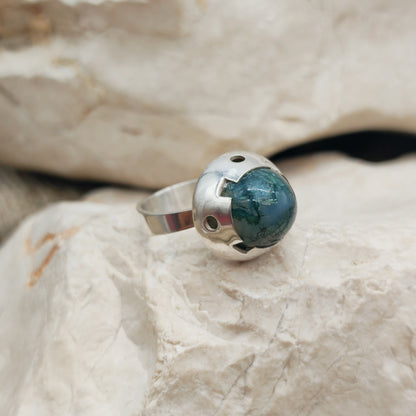 Vintage Green Moss Agate Dome Silver Ring, Finland 1969-1972