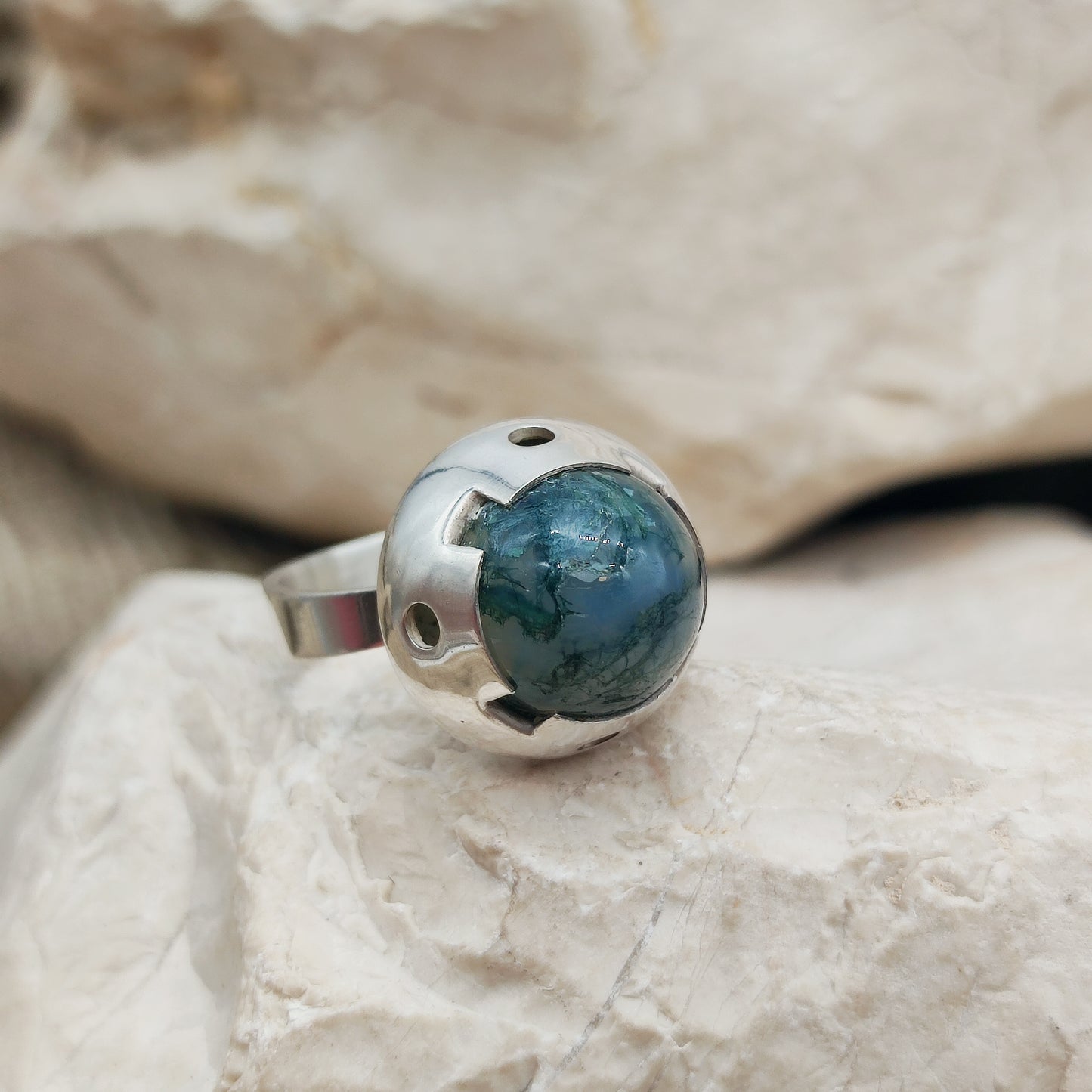 Vintage Green Moss Agate Dome Silver Ring, Finland 1969-1972