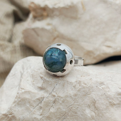 Vintage Green Moss Agate Dome Silver Ring, Finland 1969-1972