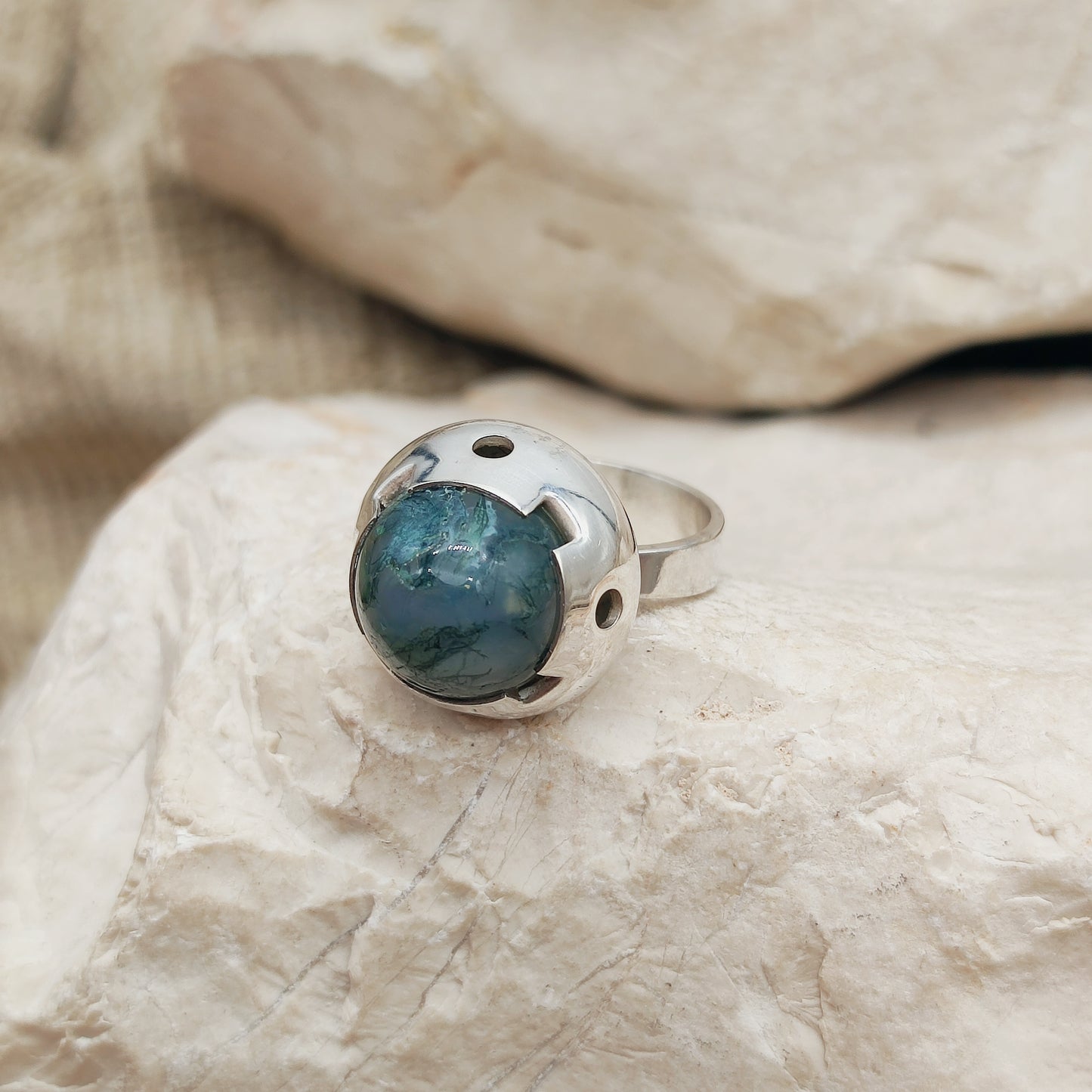Vintage Green Moss Agate Dome Silver Ring, Finland 1969-1972