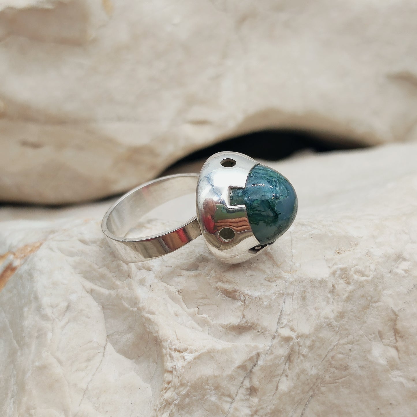 Vintage Green Moss Agate Dome Silver Ring, Finland 1969-1972