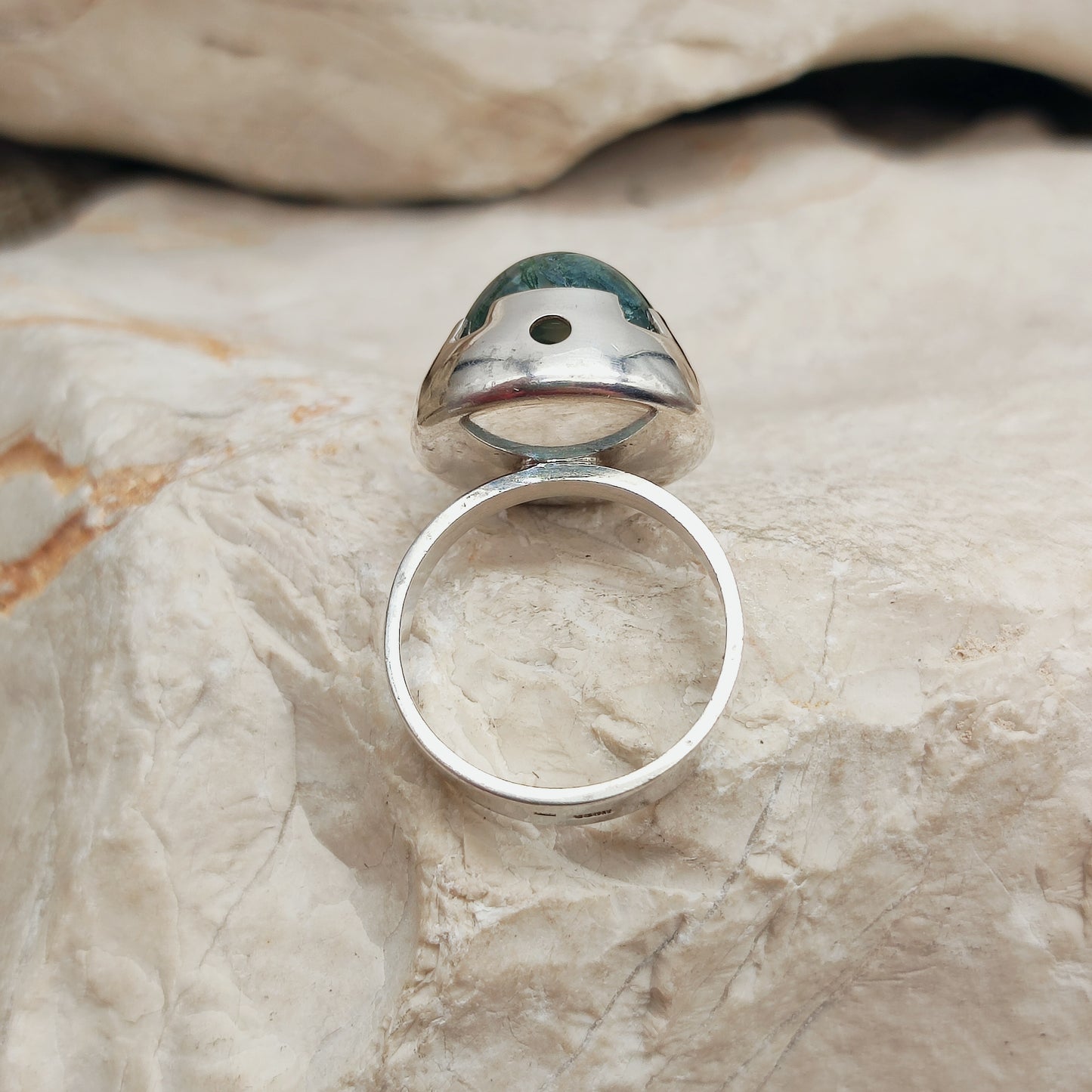 Vintage Green Moss Agate Dome Silver Ring, Finland 1969-1972