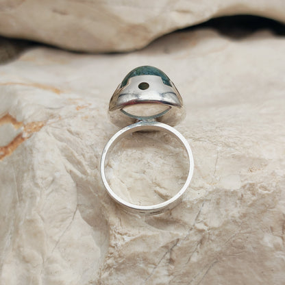 Vintage Green Moss Agate Dome Silver Ring, Finland 1969-1972