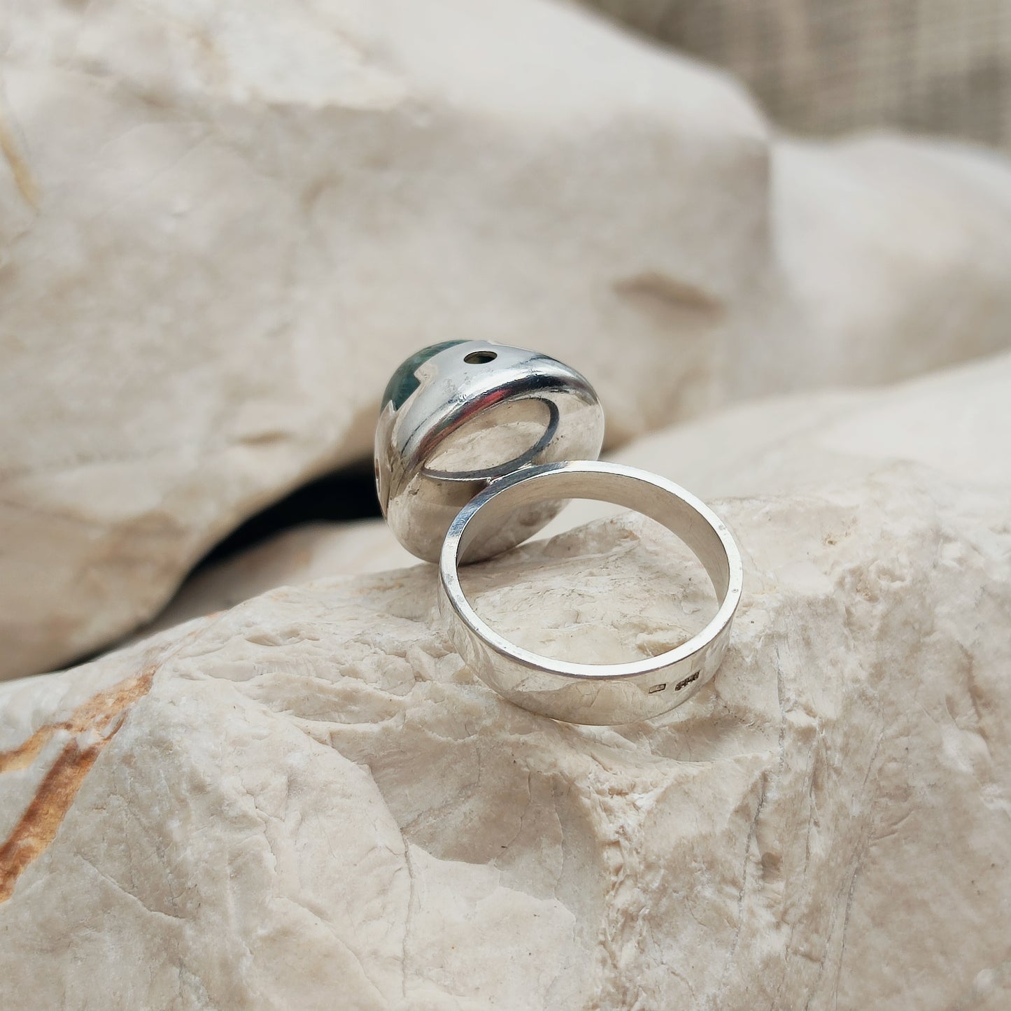 Vintage Green Moss Agate Dome Silver Ring, Finland 1969-1972