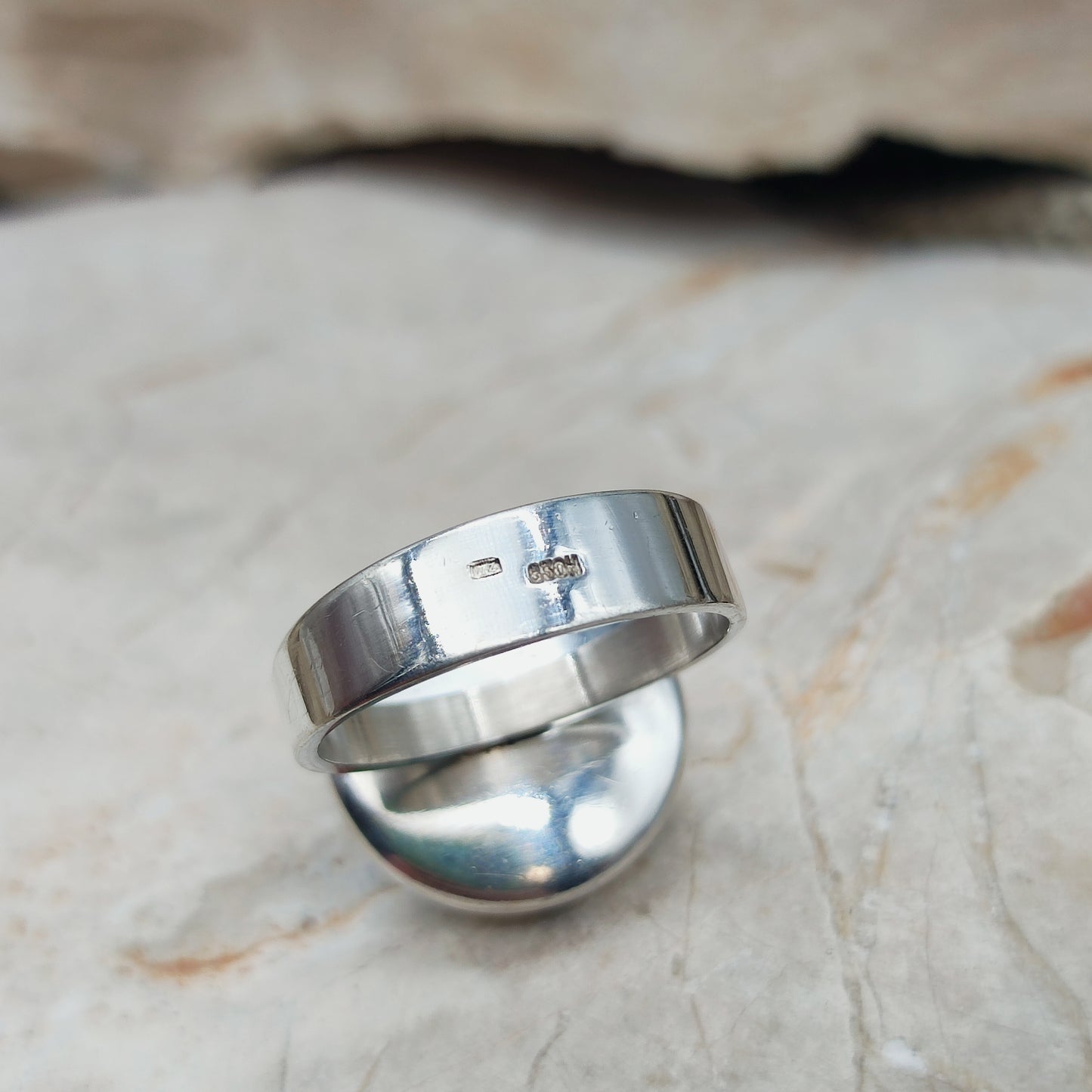 Vintage Green Moss Agate Dome Silver Ring, Finland 1969-1972