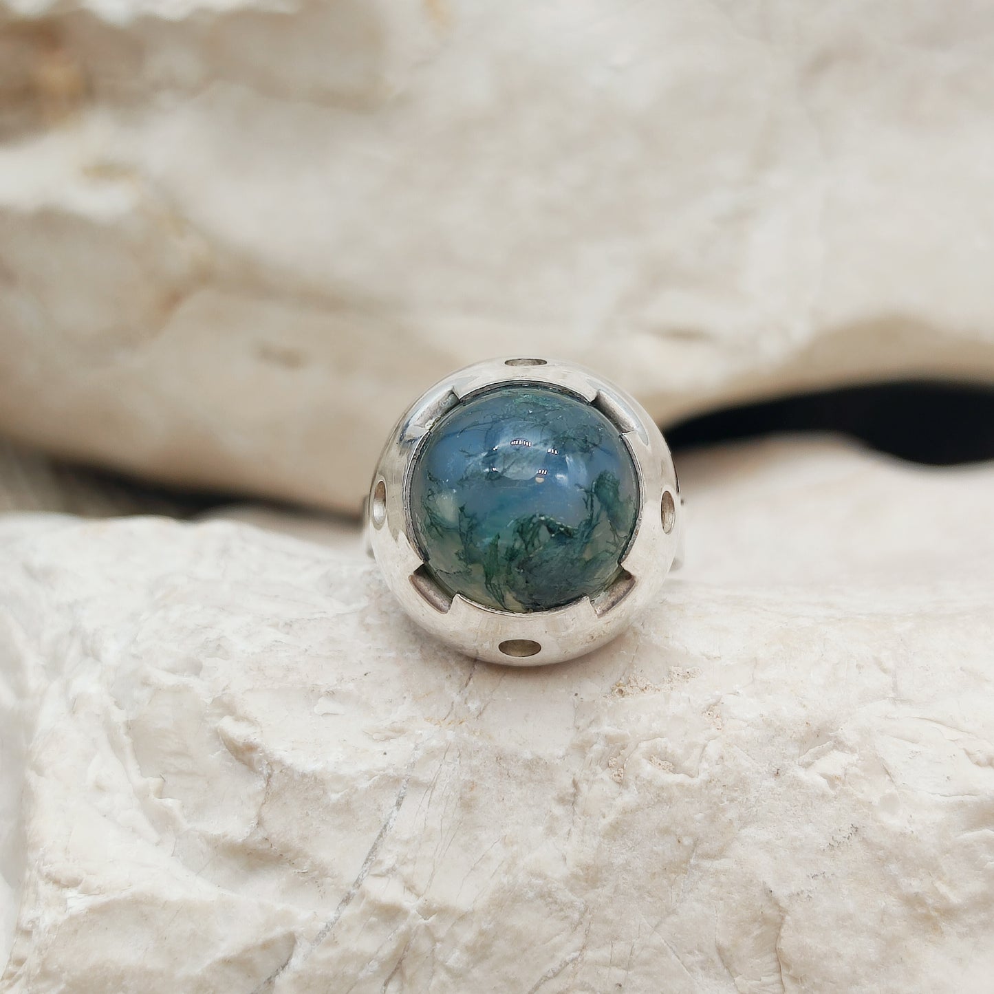 Vintage Green Moss Agate Dome Silver Ring, Finland 1969-1972