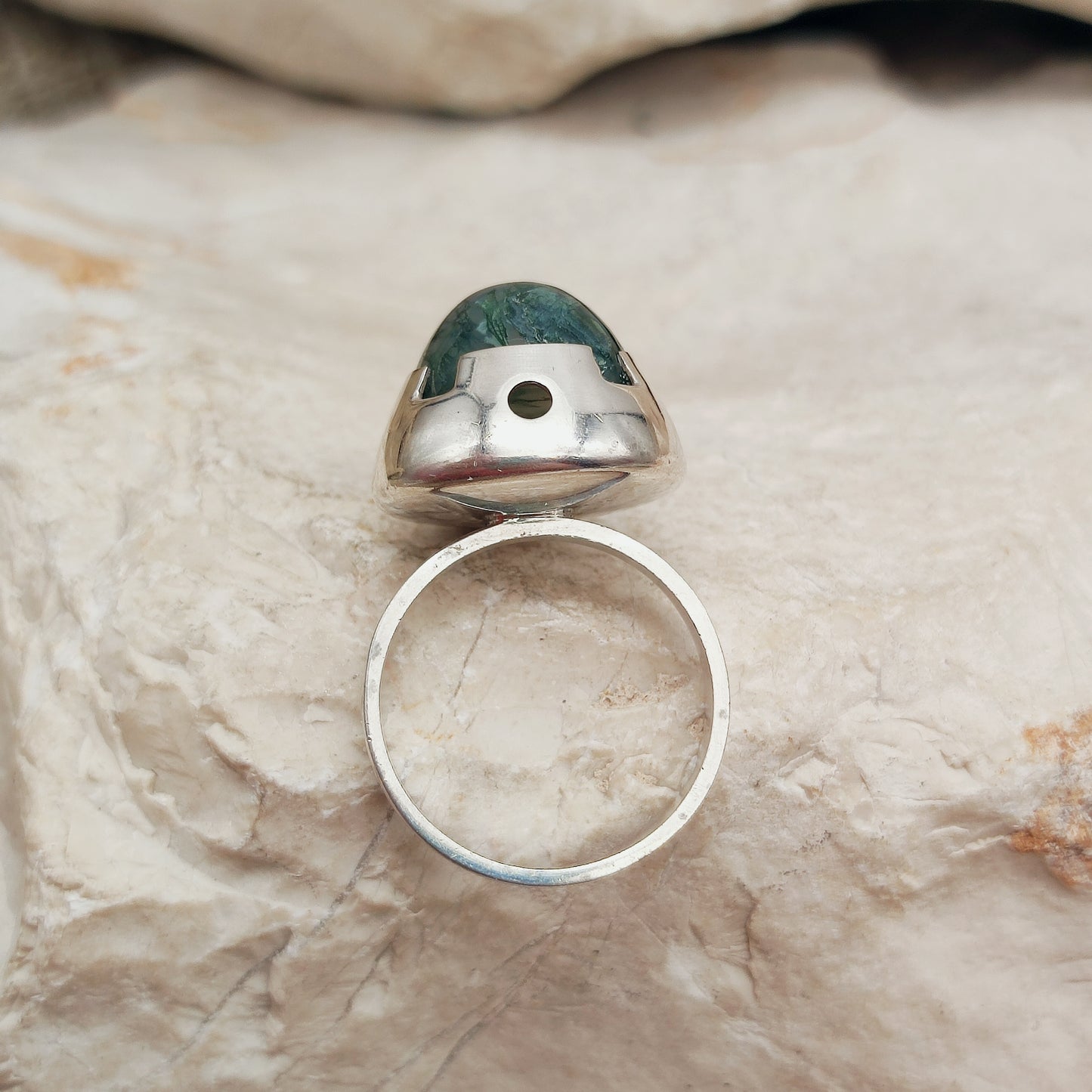 Vintage Green Moss Agate Dome Silver Ring, Finland 1969-1972