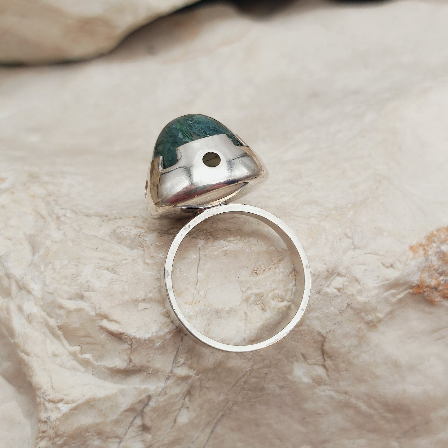 Vintage Green Moss Agate Dome Silver Ring, Finland 1969-1972