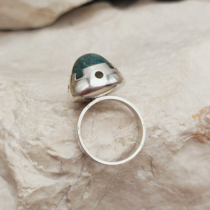 Vintage Green Moss Agate Dome Silver Ring, Finland 1969-1972