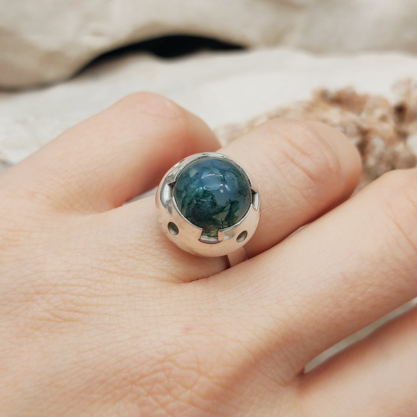 Vintage Green Moss Agate Dome Silver Ring, Finland 1969-1972