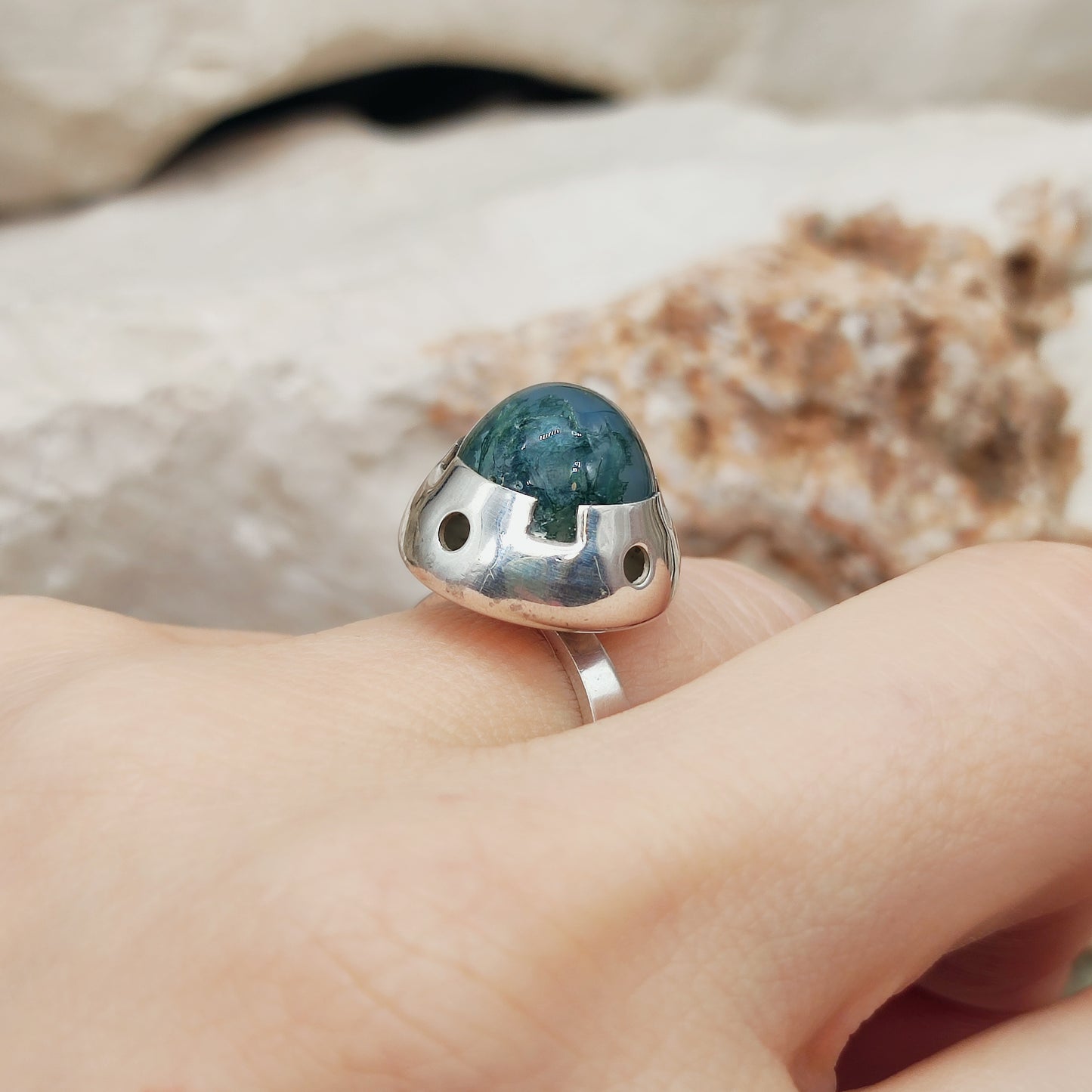 Vintage Green Moss Agate Dome Silver Ring, Finland 1969-1972