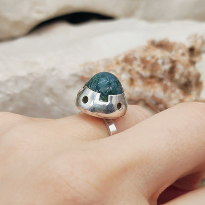 Vintage Green Moss Agate Dome Silver Ring, Finland 1969-1972