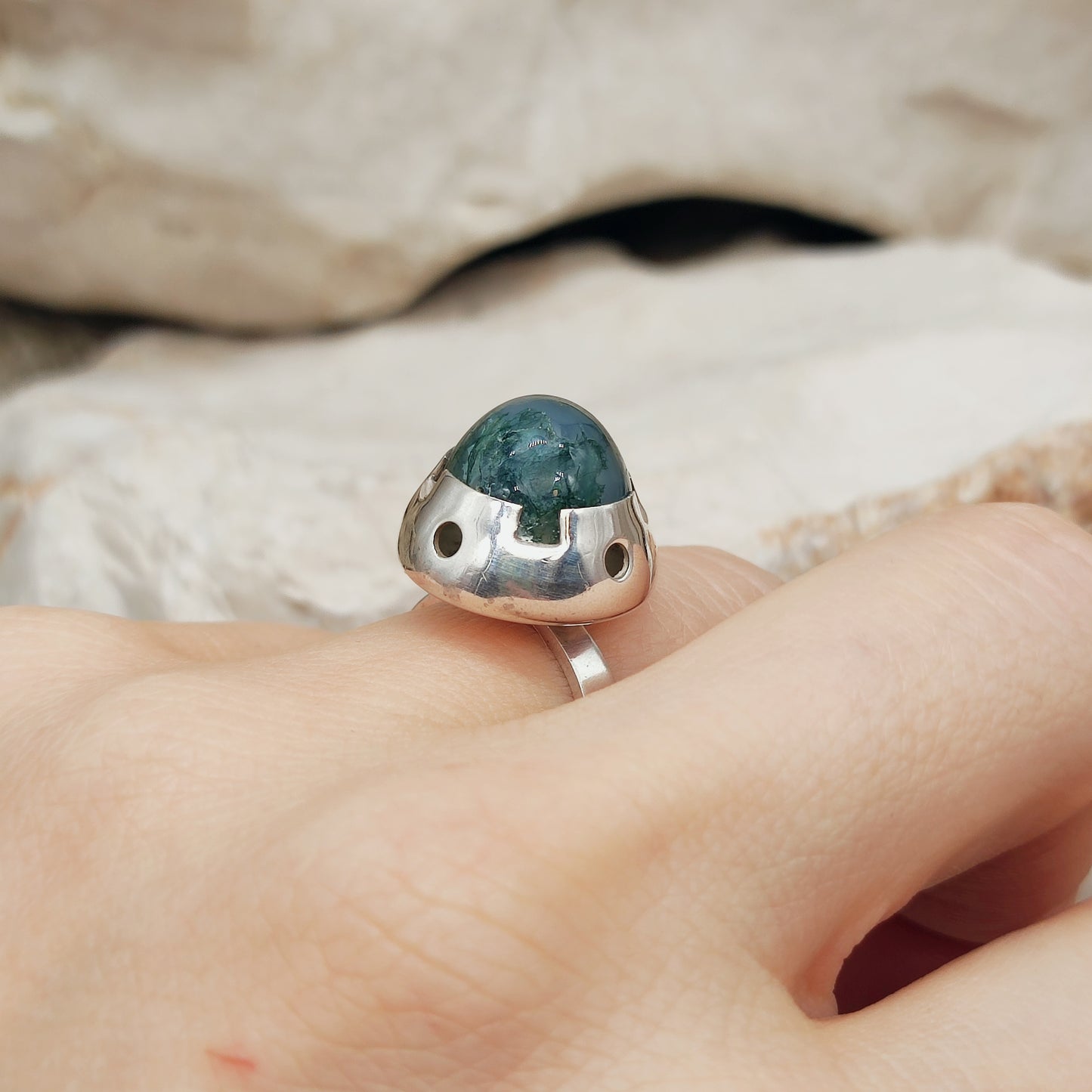 Vintage Green Moss Agate Dome Silver Ring, Finland 1969-1972