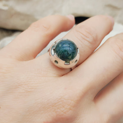 Vintage Green Moss Agate Dome Silver Ring, Finland 1969-1972