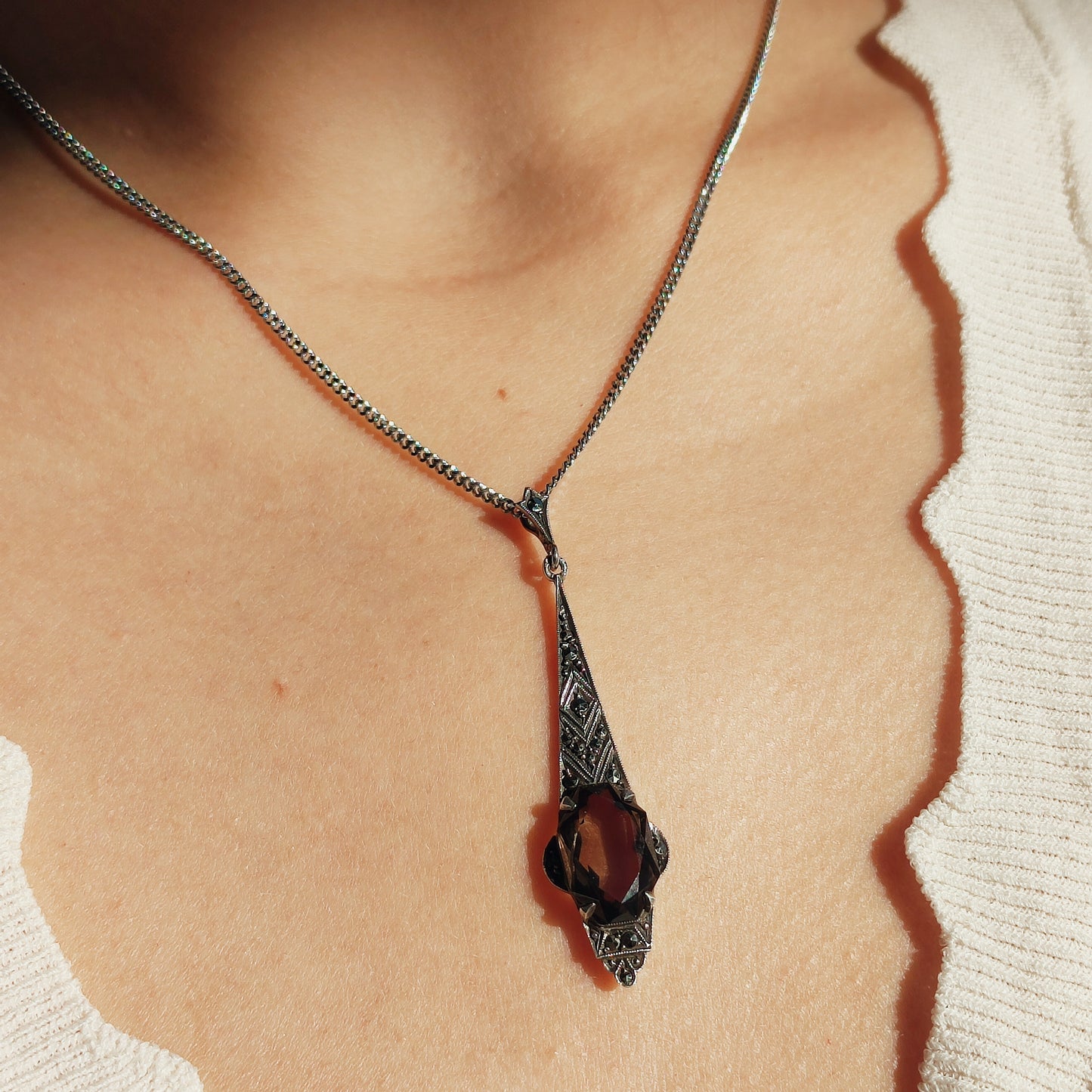 Art Deco Silver Pendant with Smoky Quartz - In the Flow