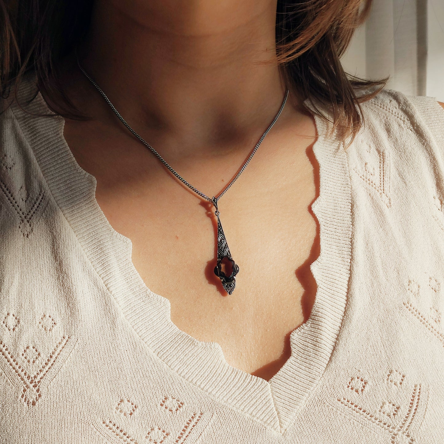 Art Deco Silver Pendant with Smoky Quartz - In the Flow