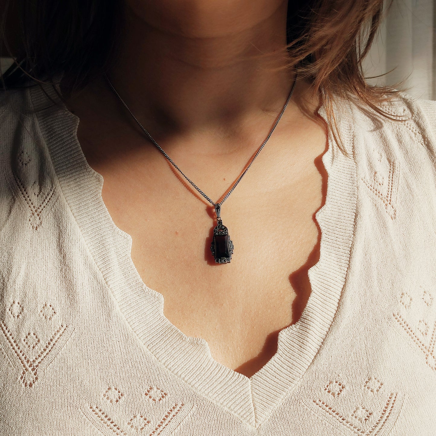 Art Deco Silver Pendant with Smoky Quartz - Crisp Lines