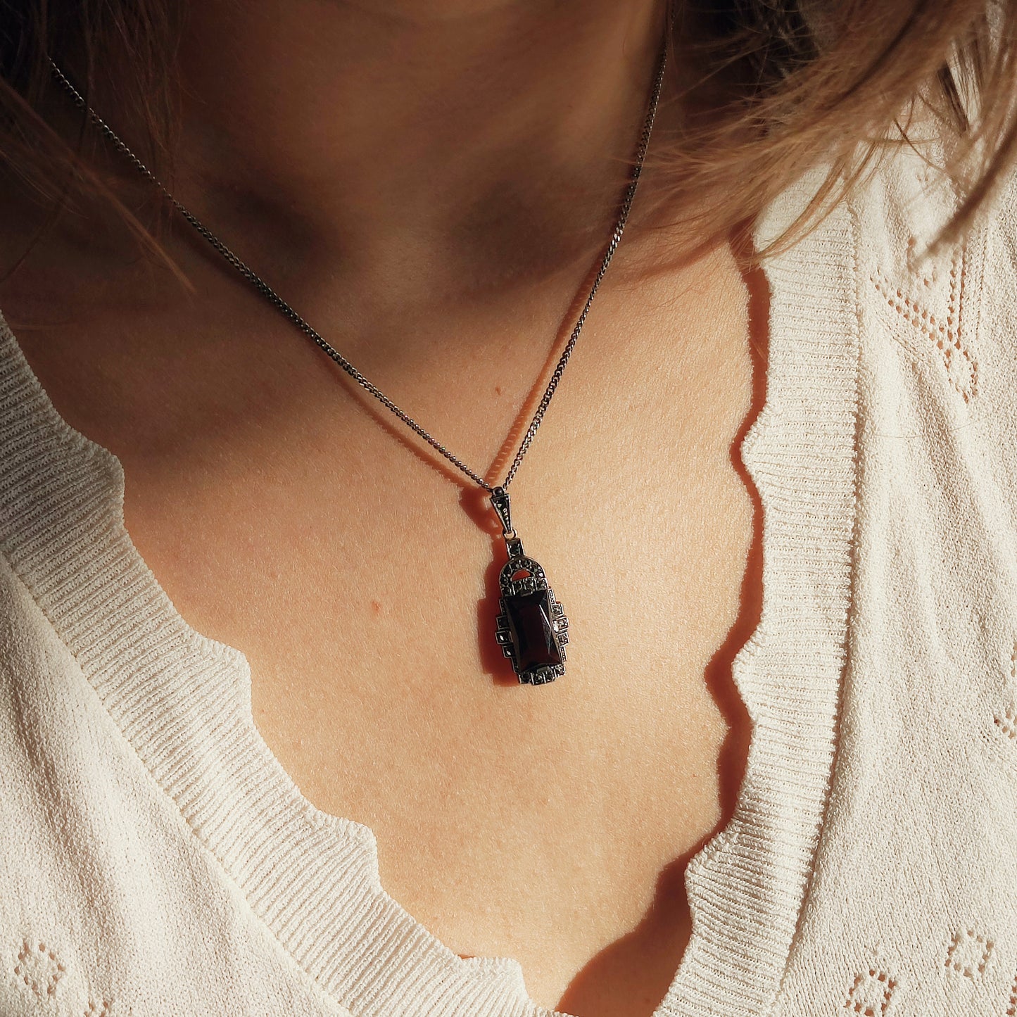 Art Deco Silver Pendant with Smoky Quartz - Crisp Lines