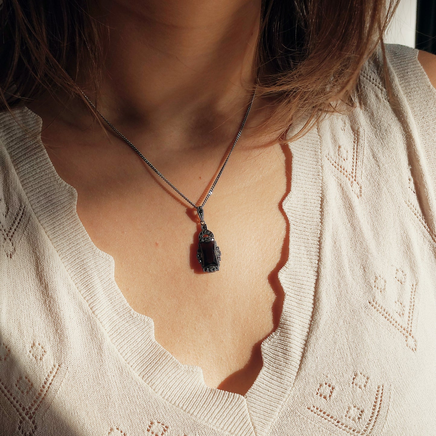 Art Deco Silver Pendant with Smoky Quartz - Crisp Lines