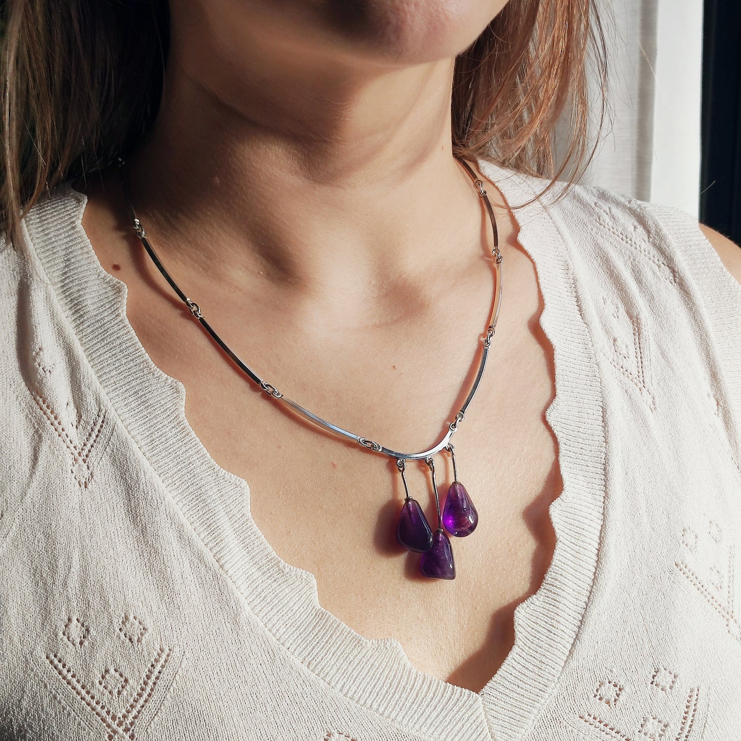 Vintage Modernist Silver Necklace with Amethyst by Niels Erik From