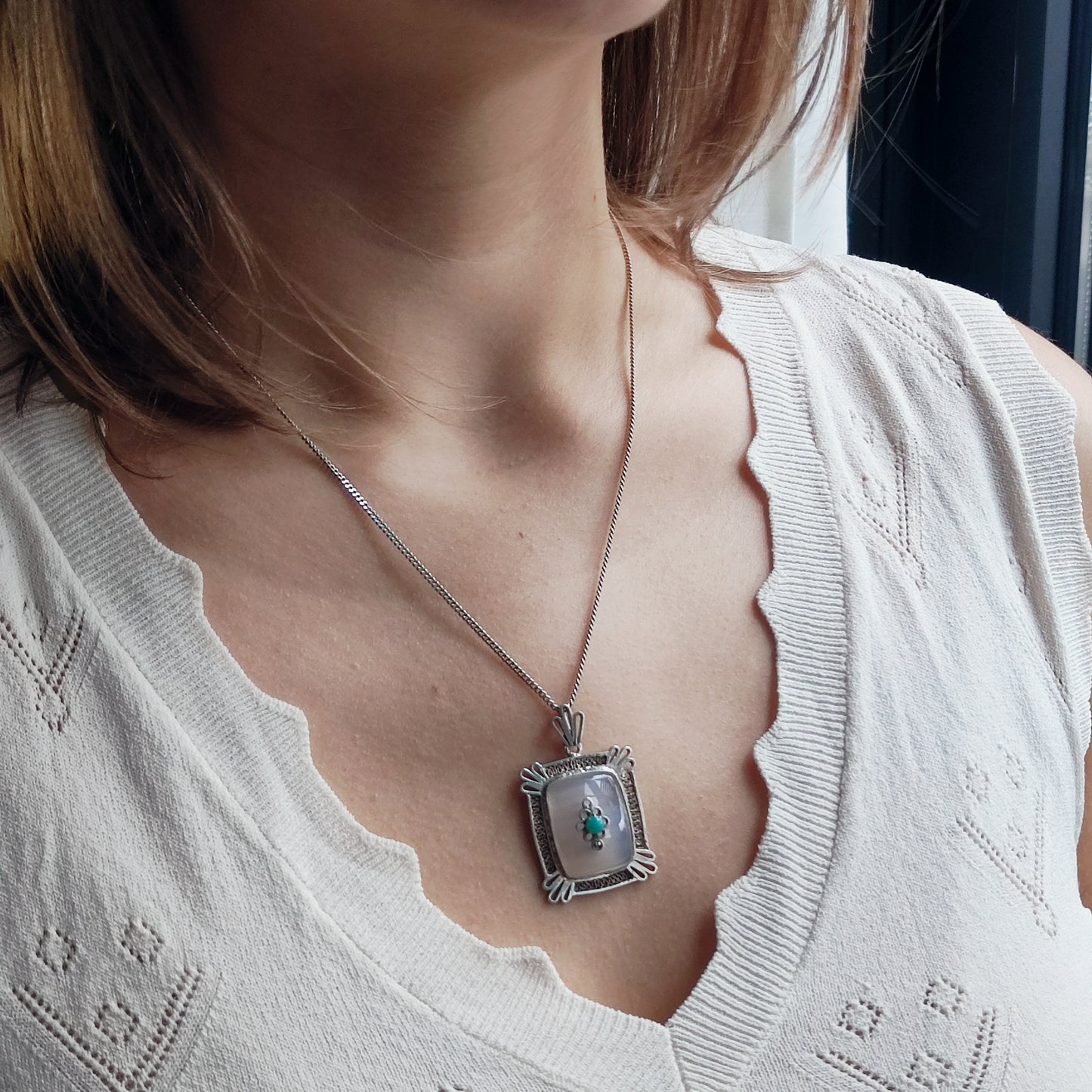 Vintage Dutch silver banded agate pendant 1920s–1930s