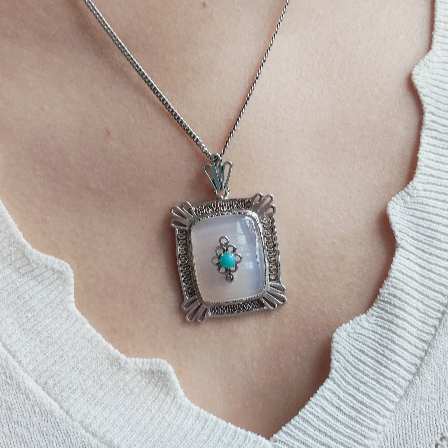 Vintage Dutch silver banded agate pendant 1920s–1930s