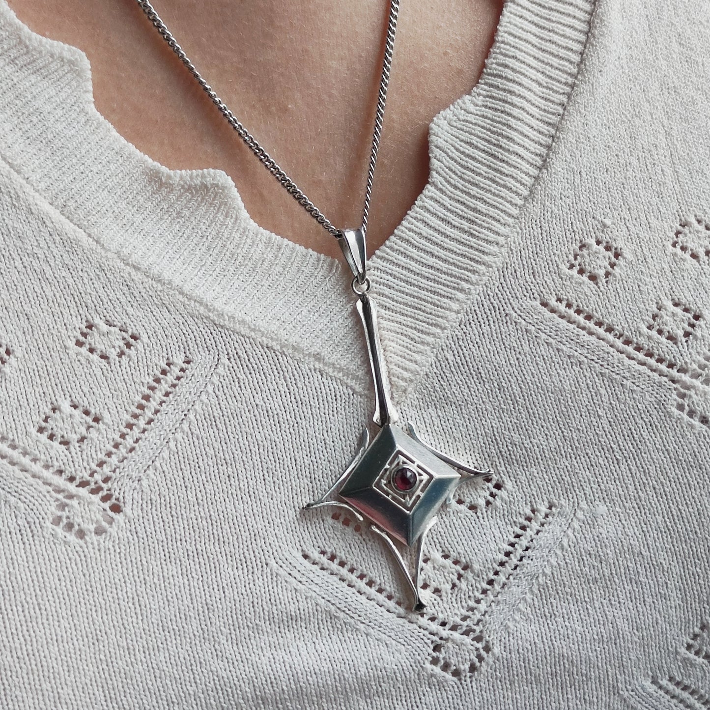 Dutch silver pendant with garnet Art Deco inspired 1970s