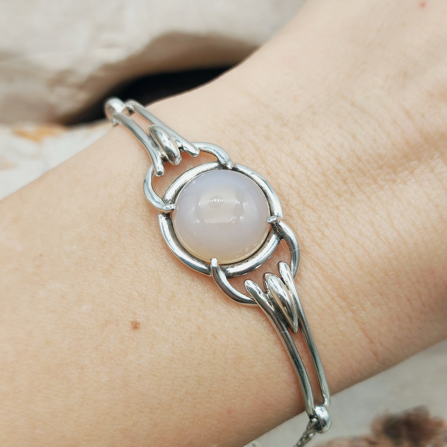 Vintage Silver Bracelet by Reggers with Chalcedony Cabochon (1934–1954)