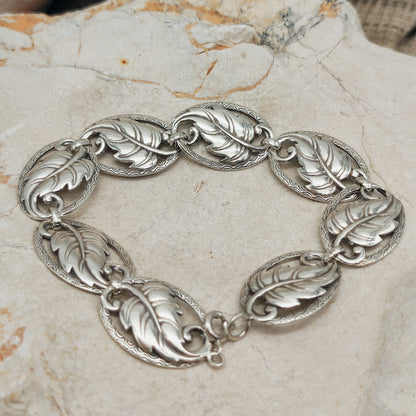 Vintage Art Deco Silver Bracelet with Leaf Panels