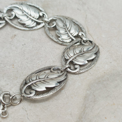 Vintage Art Deco Silver Bracelet with Leaf Panels