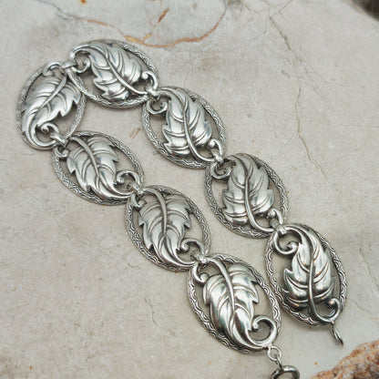 Vintage Art Deco Silver Bracelet with Leaf Panels