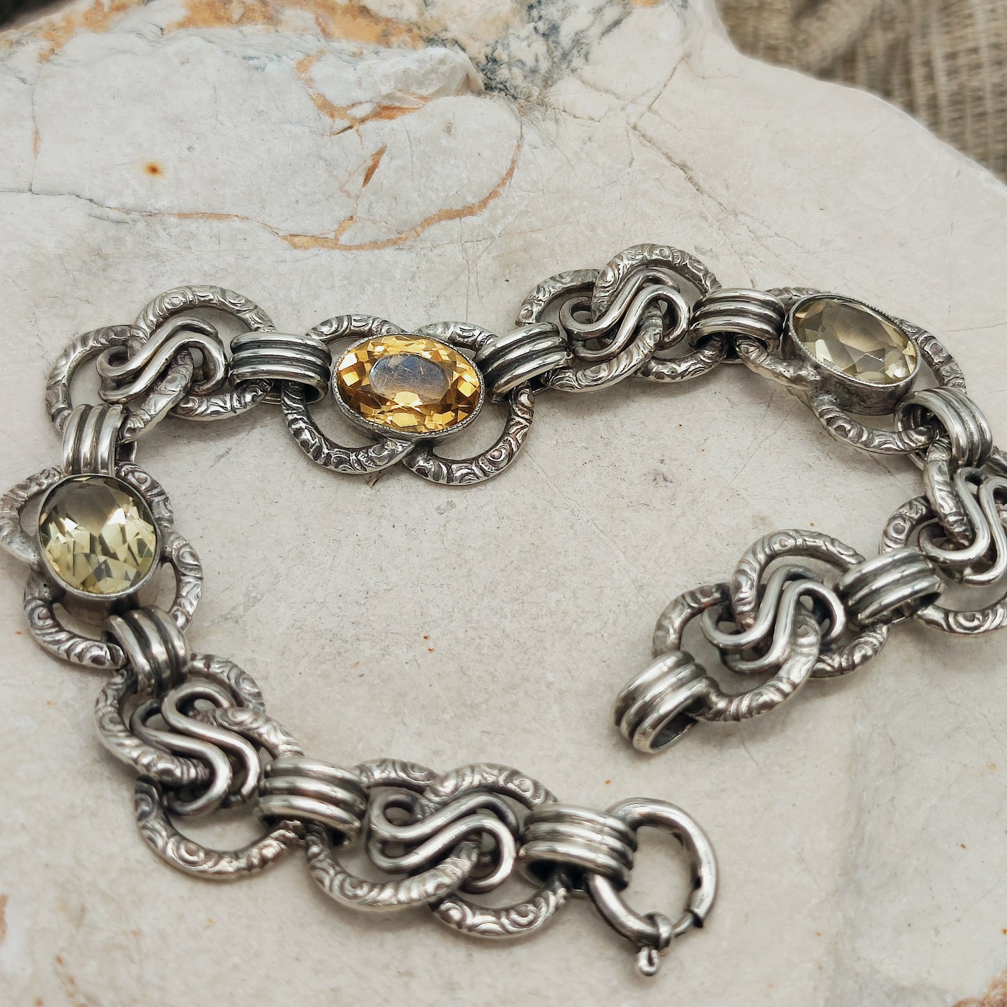 Art Deco Silver Bracelet with Three Citrines